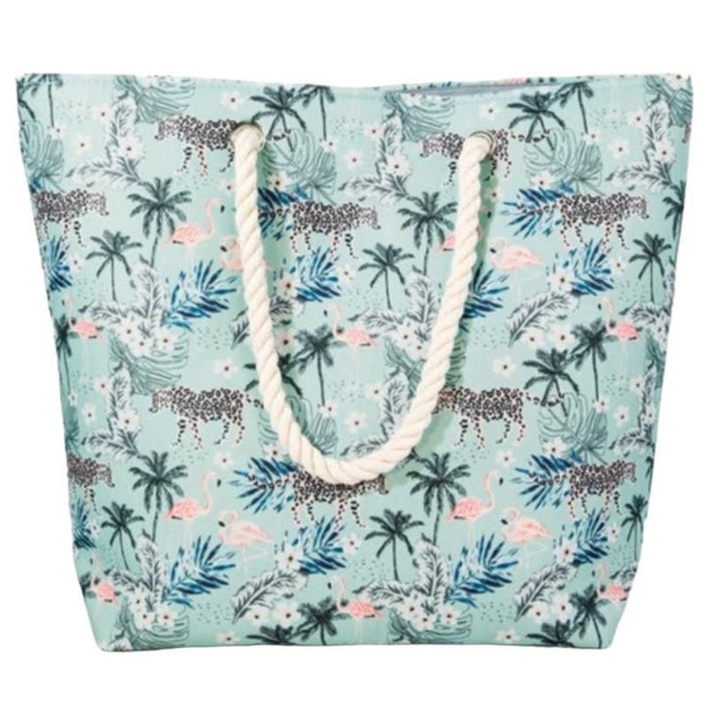 TROPICAL LEAVES, FLAMINGOS AND JAGUARS OH MY! TOTE BAG 19X15